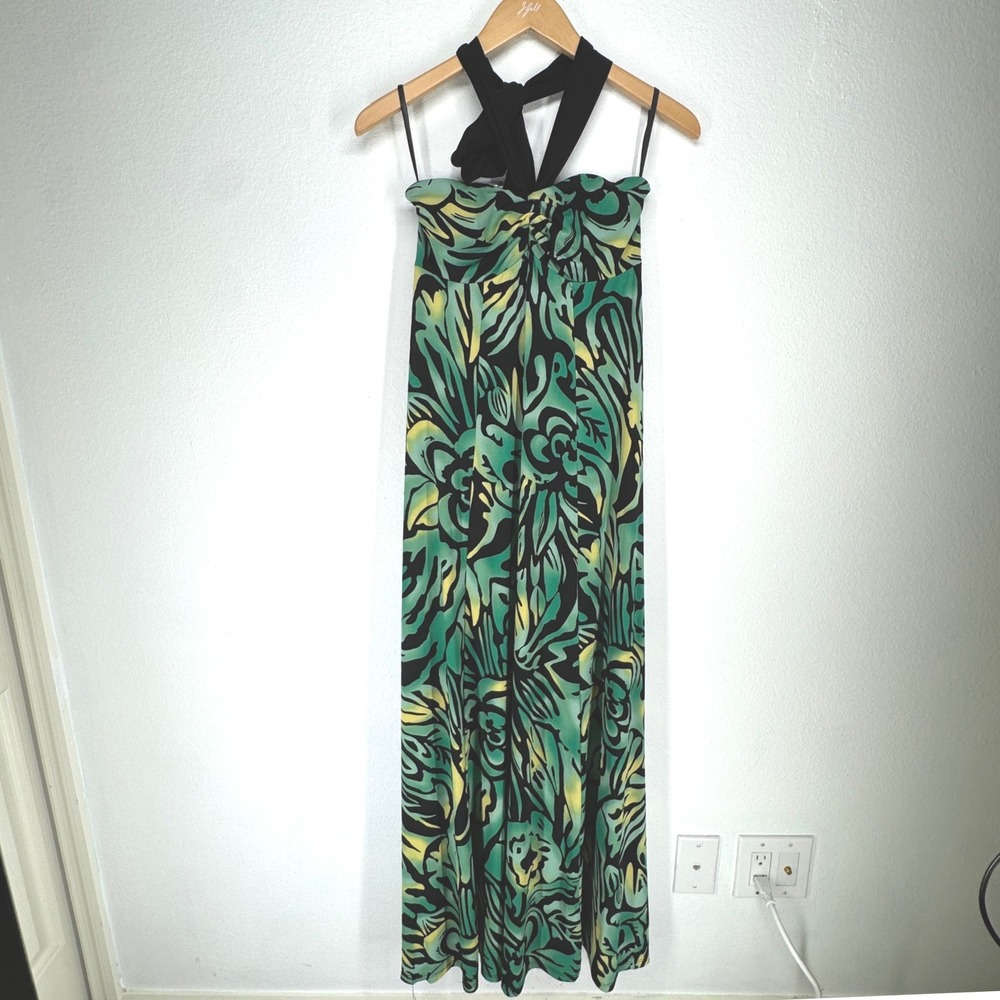 Vintage Y2K‎ Green Tropical Floral Halter Maxi Dress Womens Small Stretch Resort